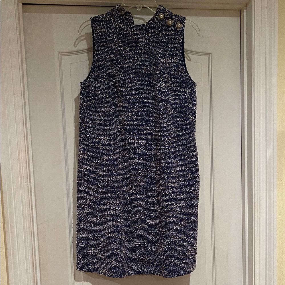 Elegant Royal Blue and White Tweed Sleeveless Dress